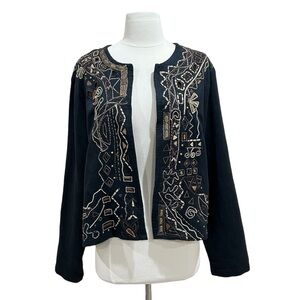 Chico's Vintage Black Embroidered Tribal Design Open Front Blazer Size 2 Large